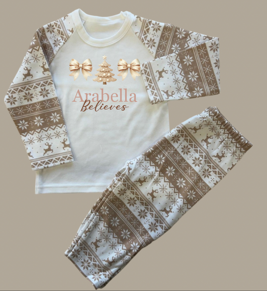 Beige Fairisle Christmas personalised family Pyjamas - Christmas Bows ADULTS