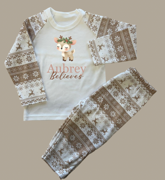 Beige Fairisle Christmas personalised family Pyjamas - Cute Reindeer ADULTS