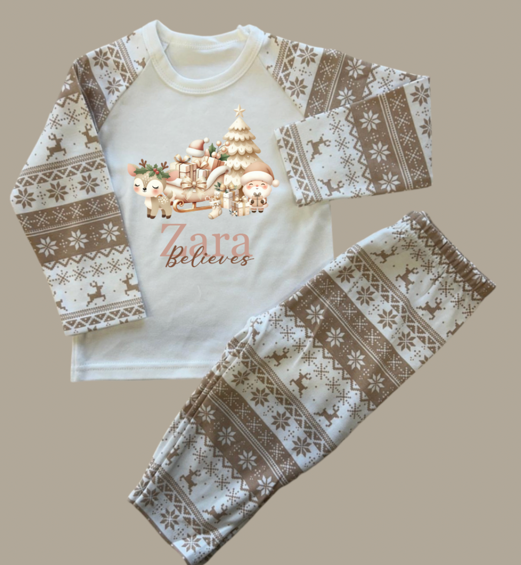 Beige Fairisle Christmas personalised family Pyjamas - design 1 ADULTS