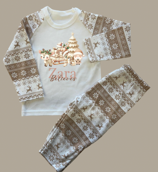 Beige Fairisle Christmas personalised family Pyjamas - design 1 CHILDRENS