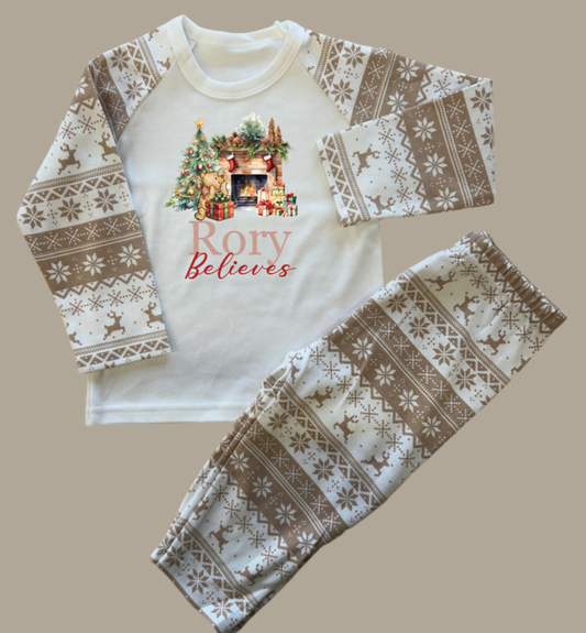 Beige Fairisle Christmas personalised family Pyjamas - Winnie The Pooh ADULTS