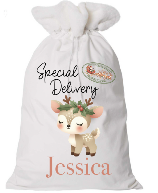 Cute Reindeer Personalised Christmas Present Sack