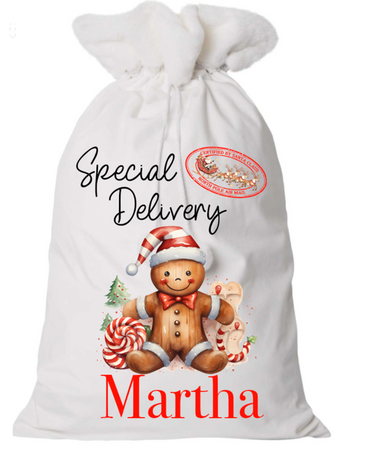 Gingerbread man Personalised Christmas Present Sack