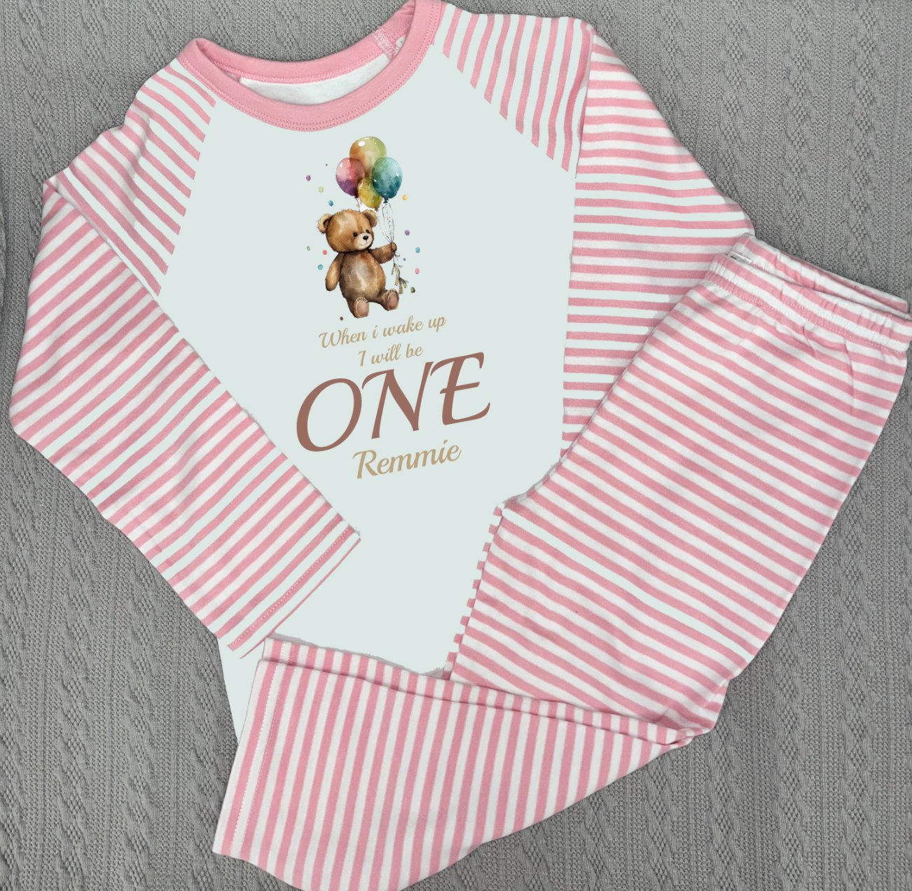 Balloons When I Wake Up Personalised pink stripe Birthday Pyjamas Pjs