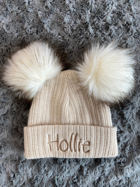 Beige 3+ Month Double Pom hat