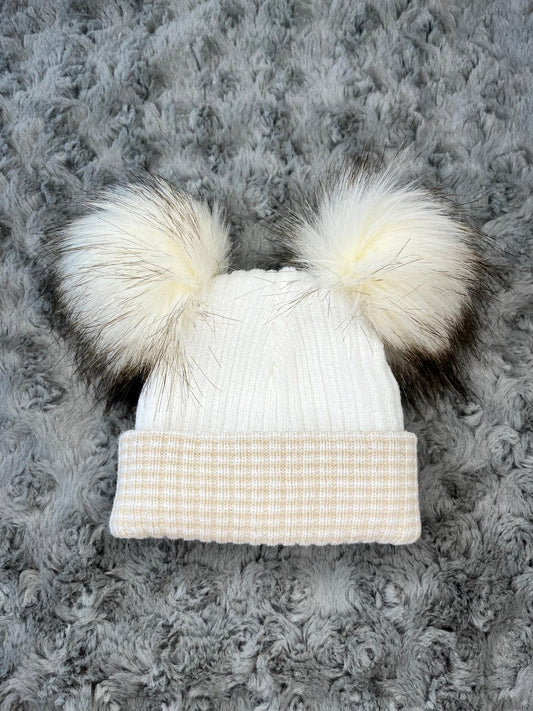 Beige & White Double Pom hat - First Size