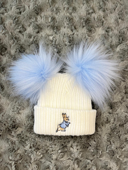 Blue Bunny Double Pom Hat - First Size