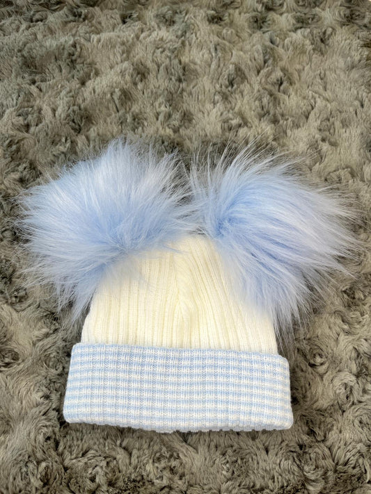 Blue & White Double Pom hat - First Size
