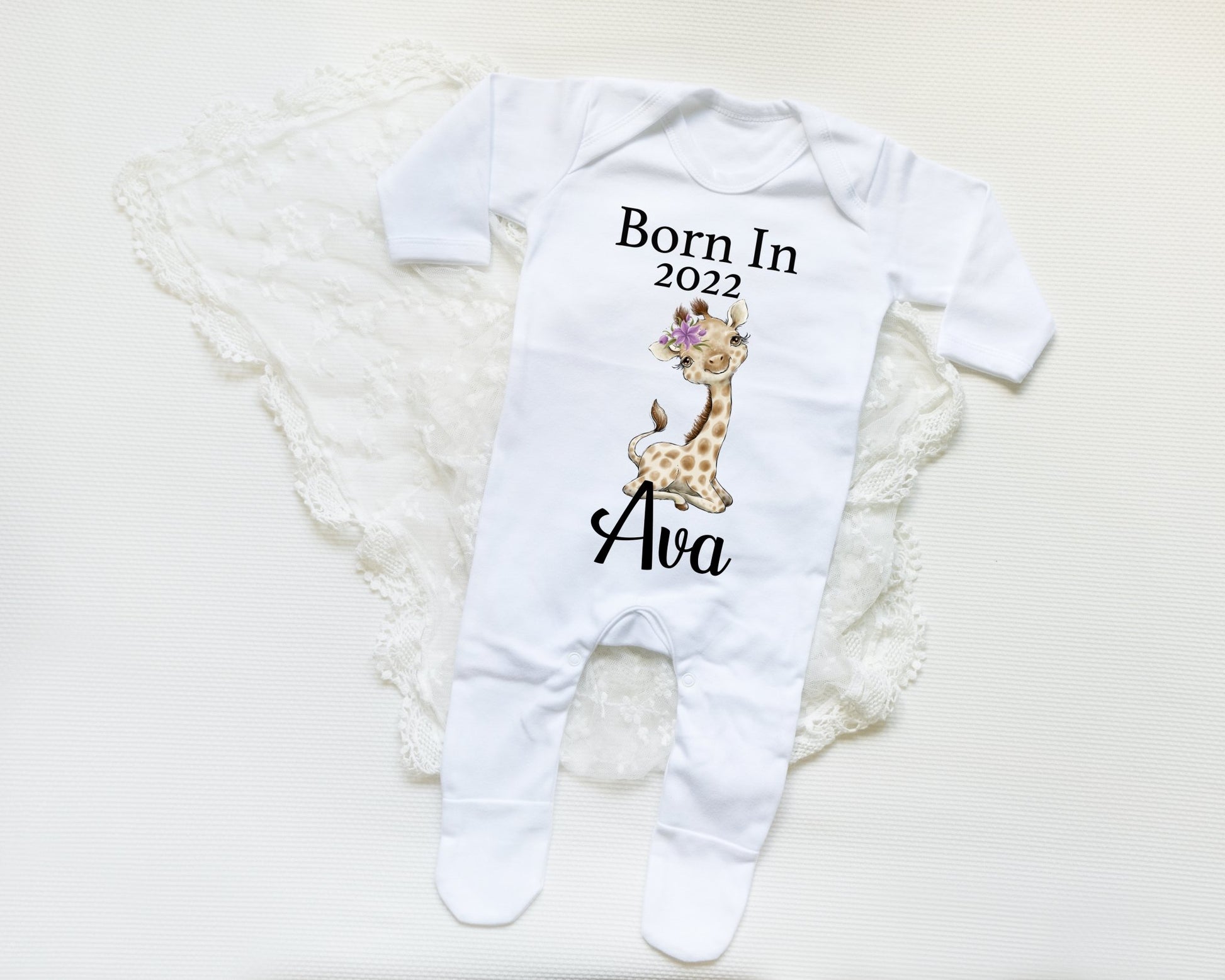 Born In 2022 Giraffe Girl - Sleepsuit