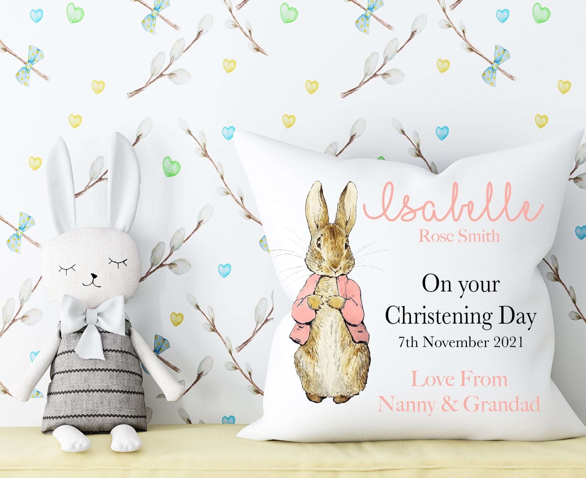 Christening Pink Rabbit Cushion 40x40cm