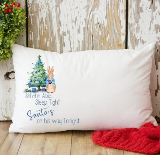 Christmas pillow case personalised Blue Rabbit design