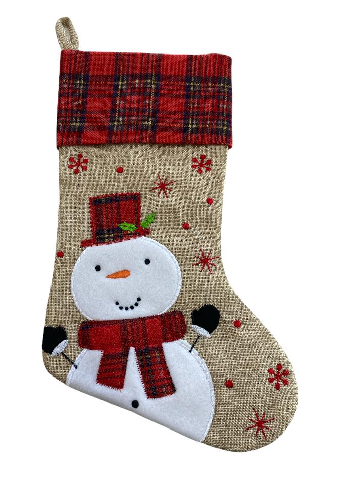 Christmas Stocking - Hessian & Tartan- Snowman, Reindeer & Santa designs