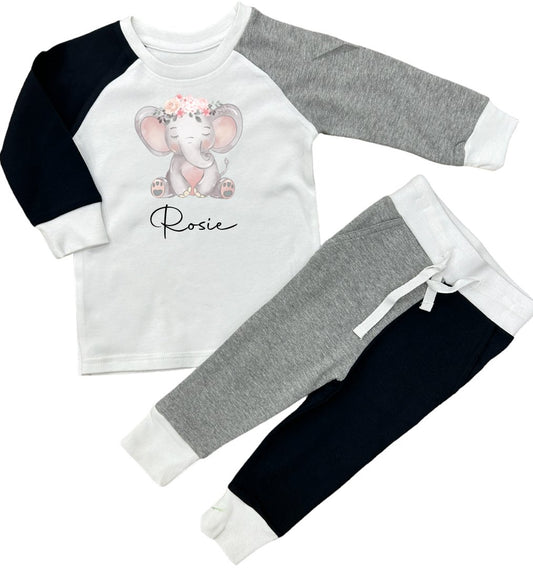 Contrast Lounge Set in Black/Grey/White personalised with Pink Elephant design & Name