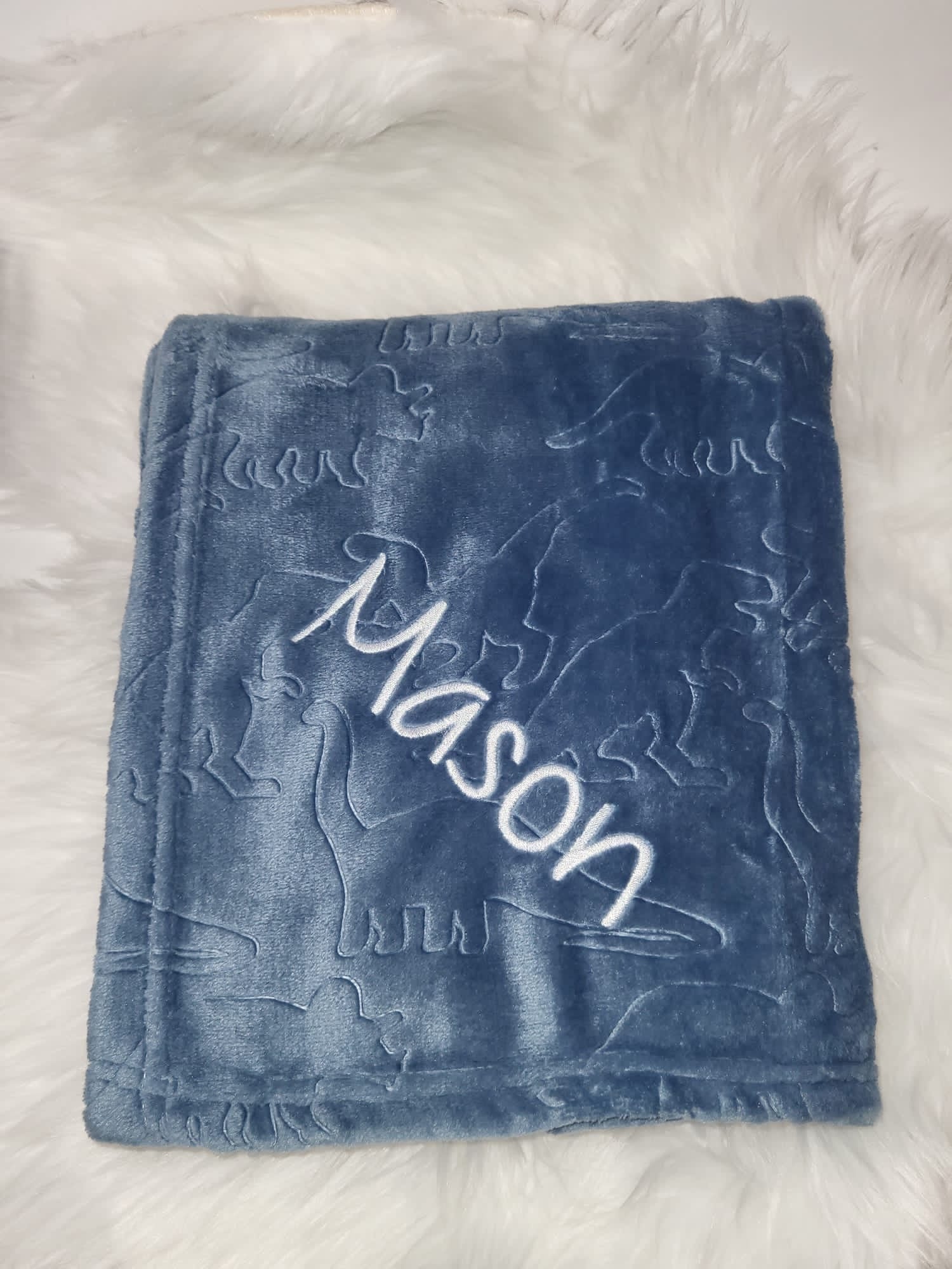 Dino embossed Dusky blue personalised baby blanket / wrap