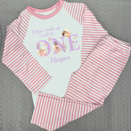 Fairy's When I Wake Up Personalised pink stripe Birthday Pyjamas Pjs