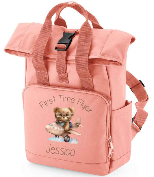 First Time Flyer personalised Mini Twin Handle Roll-Top Backpack beige design