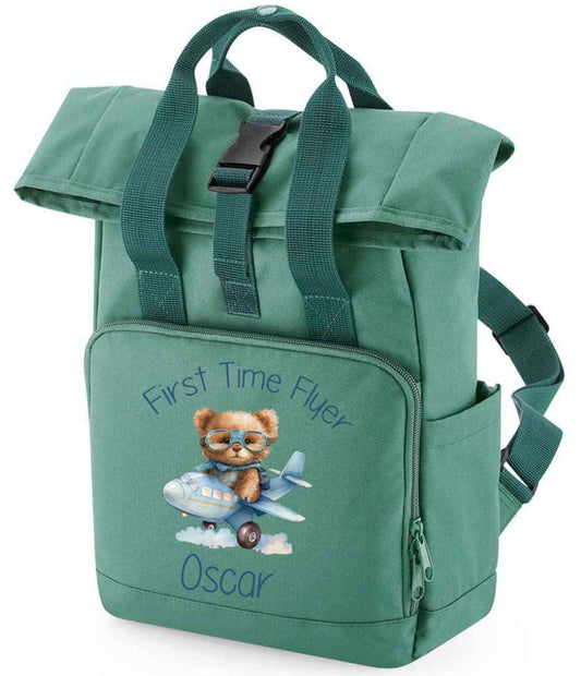 First Time Flyer personalised Mini Twin Handle Roll-Top Backpack blue design
