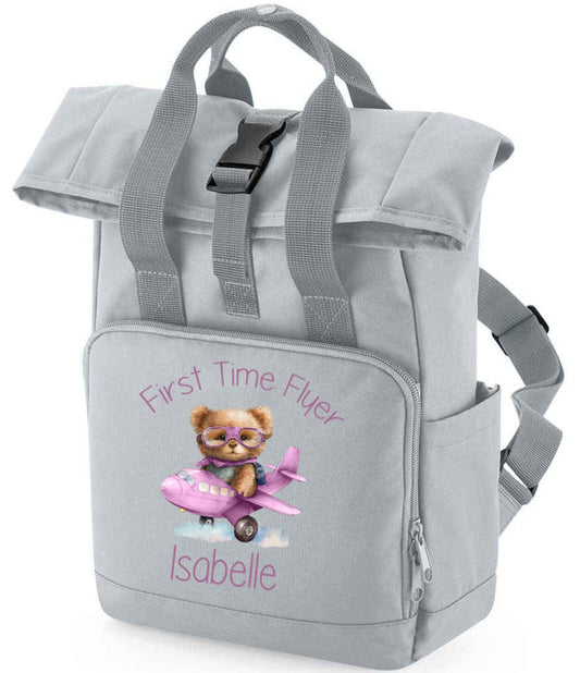 First Time Flyer personalised Mini Twin Handle Roll-Top Backpack pink design
