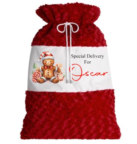 Gingerbread man Plush Red personalised Christmas Sack Design 6