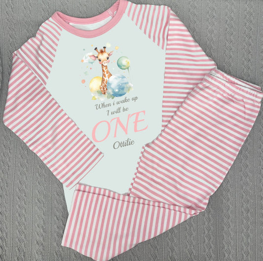 Giraffe When I Wake Up Personalised pink stripe Birthday Pyjamas Pjs