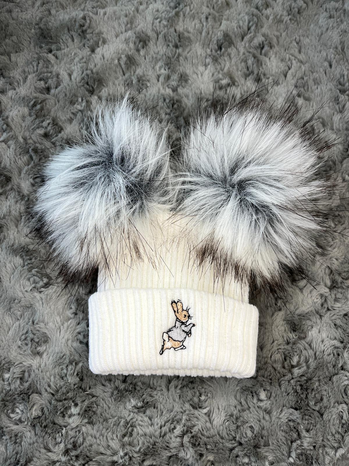Grey Bunny Double Pom Hat - First Size
