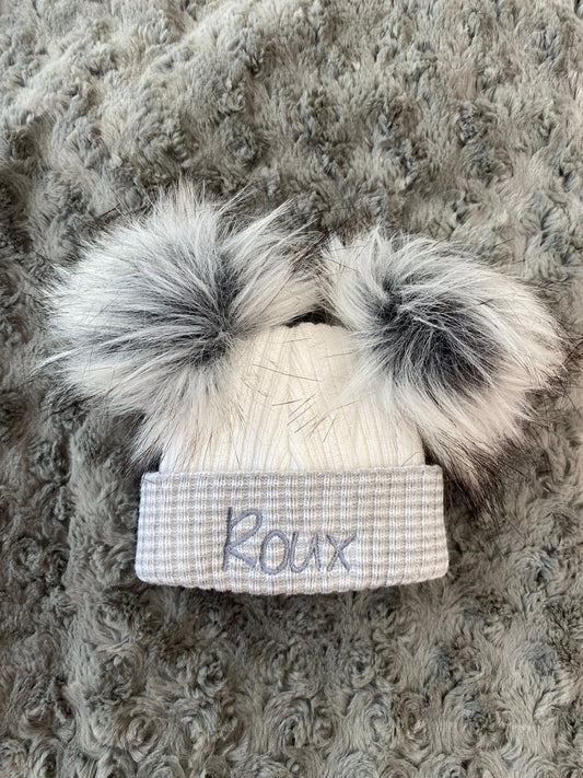 Grey & White Double Pom hat - First Size