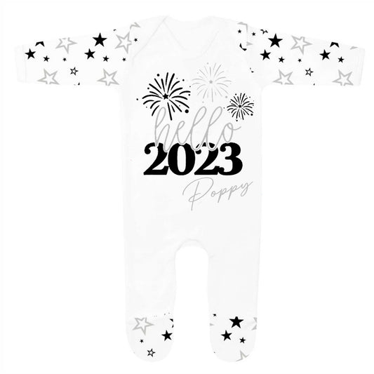 Hello 2023... Black Star Baby Grow - Grey Text