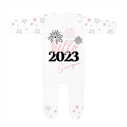 Hello 2023... Black Star Baby Grow - Pink Text