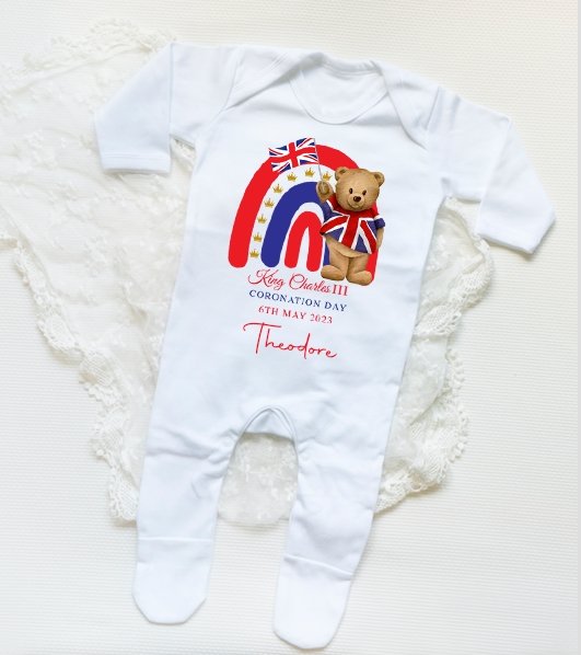 King Charles III Coronation Personalised Sleepsuit Rainbow