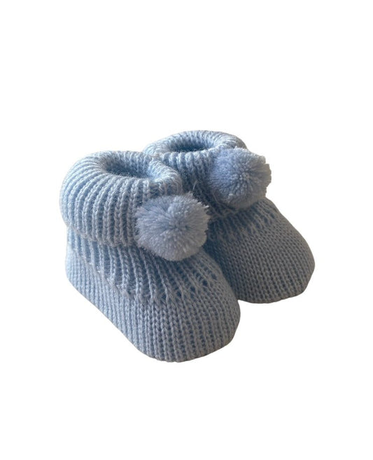Knitted Baby Booties with Pompoms Blue