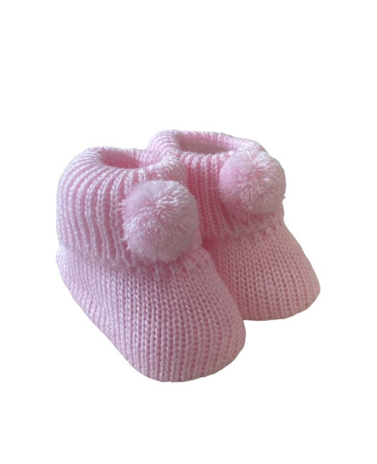 Knitted Baby Booties with Pompoms Pink