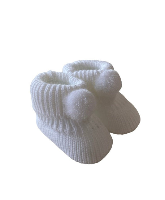 Knitted Baby Booties with Pompoms White