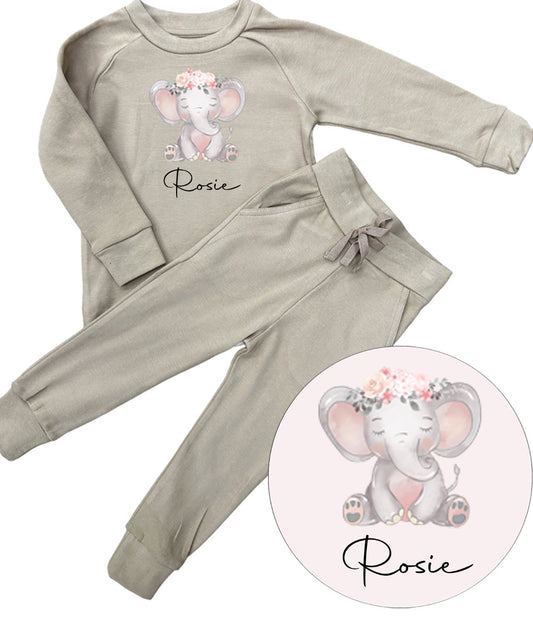 Loungewear Set in Oatmeal personalised pink elephant design