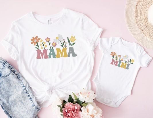 Matching Mini & Mama Mummy Personalised T-Shirt & vest floral - White Only