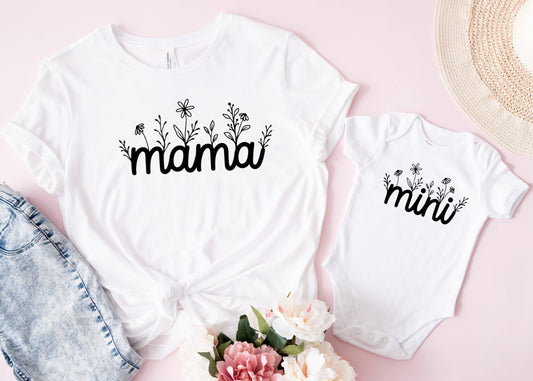 Matching Mini & Mama Mummy Personalised T-Shirt & Vest flowers - White Only