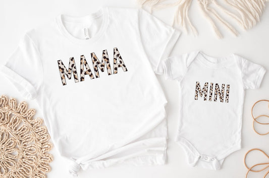 Matching Mini & Mama Mummy Personalised T-Shirt & Vest Leopard Name - White Only