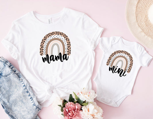 Matching Mini & Mama Mummy Personalised T-Shirt & Vest leopard rainbow - White Only