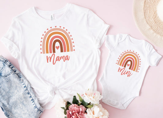 Matching Mini & Mama Mummy Personalised T-Shirt & Vest rainbow - White Only