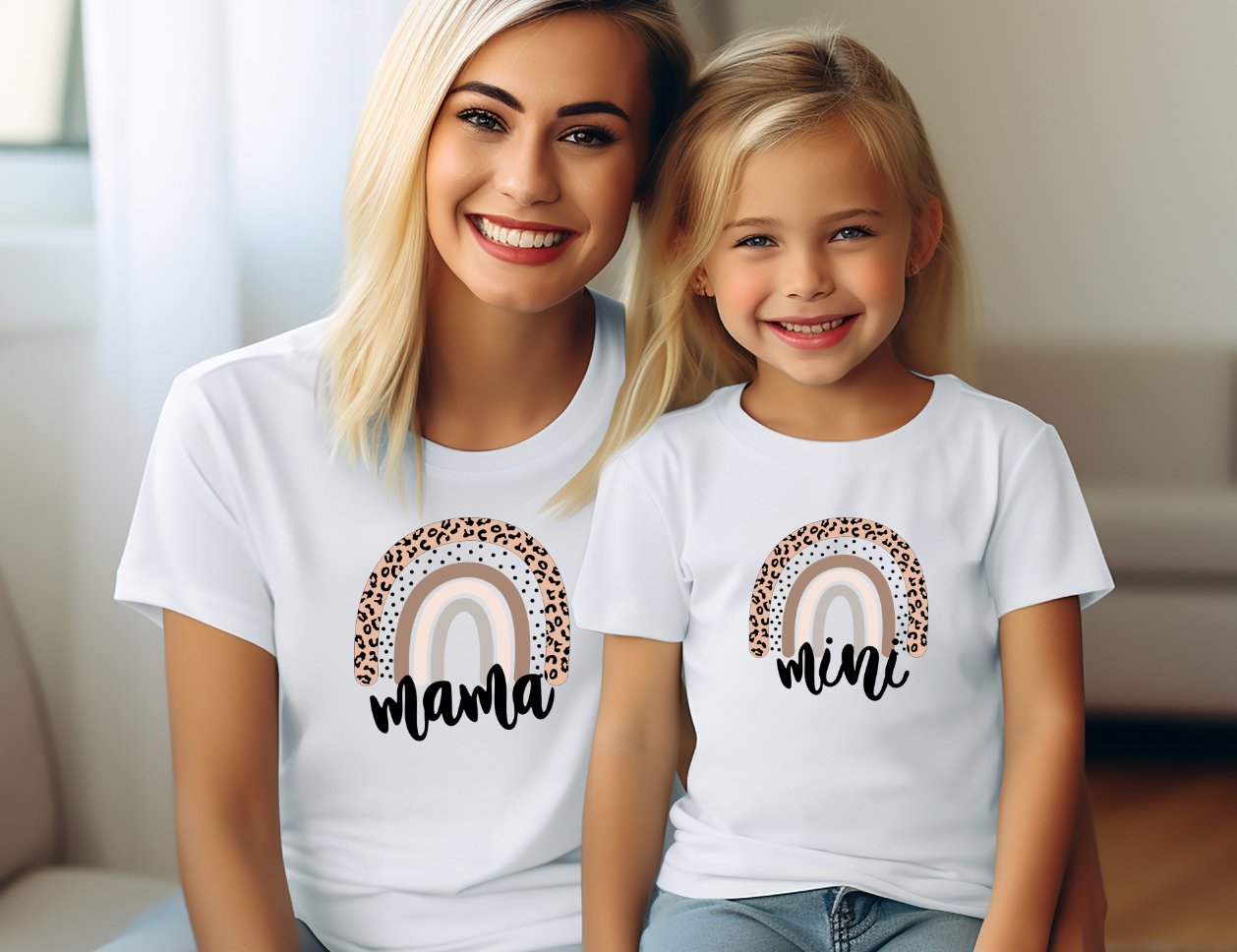 Matching Mini & Mama Mummy Personalised T-Shirts Rainbows - Various Colours