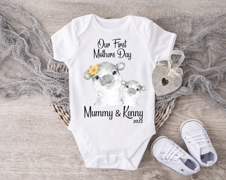 Mothers Day Hippo Boy Vest or Sleepsuit