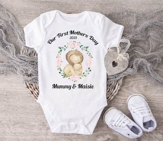 Mothers Day Lion & Flowers Vest Or Sleepsuit