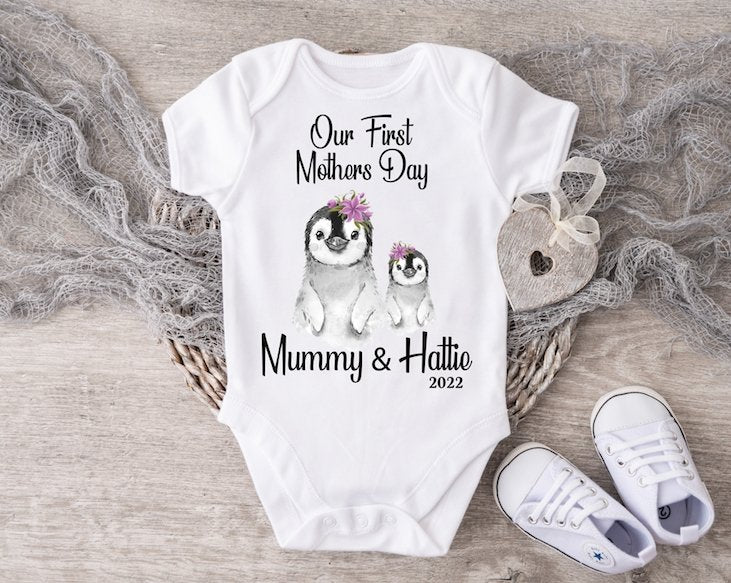 Mothers Day Penguin Girl Boy Vest or Sleepsuit