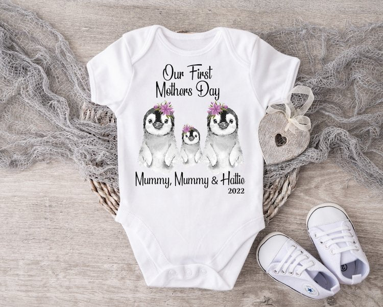 Mothers Day Penguin Girl Boy Vest or Sleepsuit - Mummy & Mummy