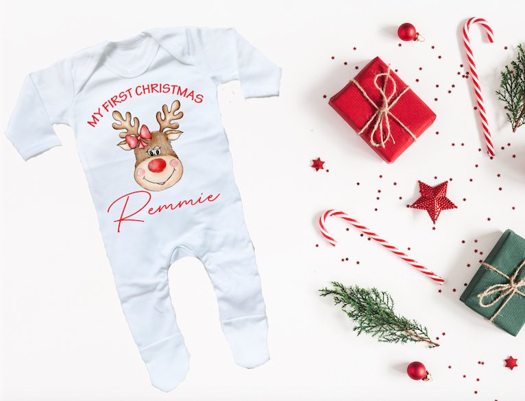 My First Christmas Sleepsuit - Reindeer & Bow