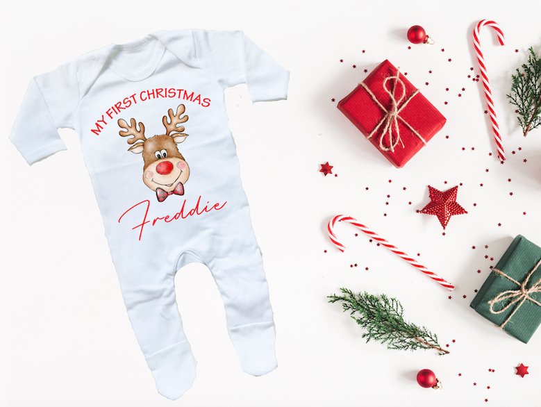 My First Christmas Sleepsuit - Reindeer & Bow Tie