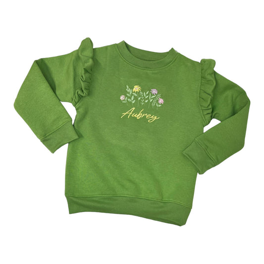 Name & Flowers Design Frill Shoulder Sweater