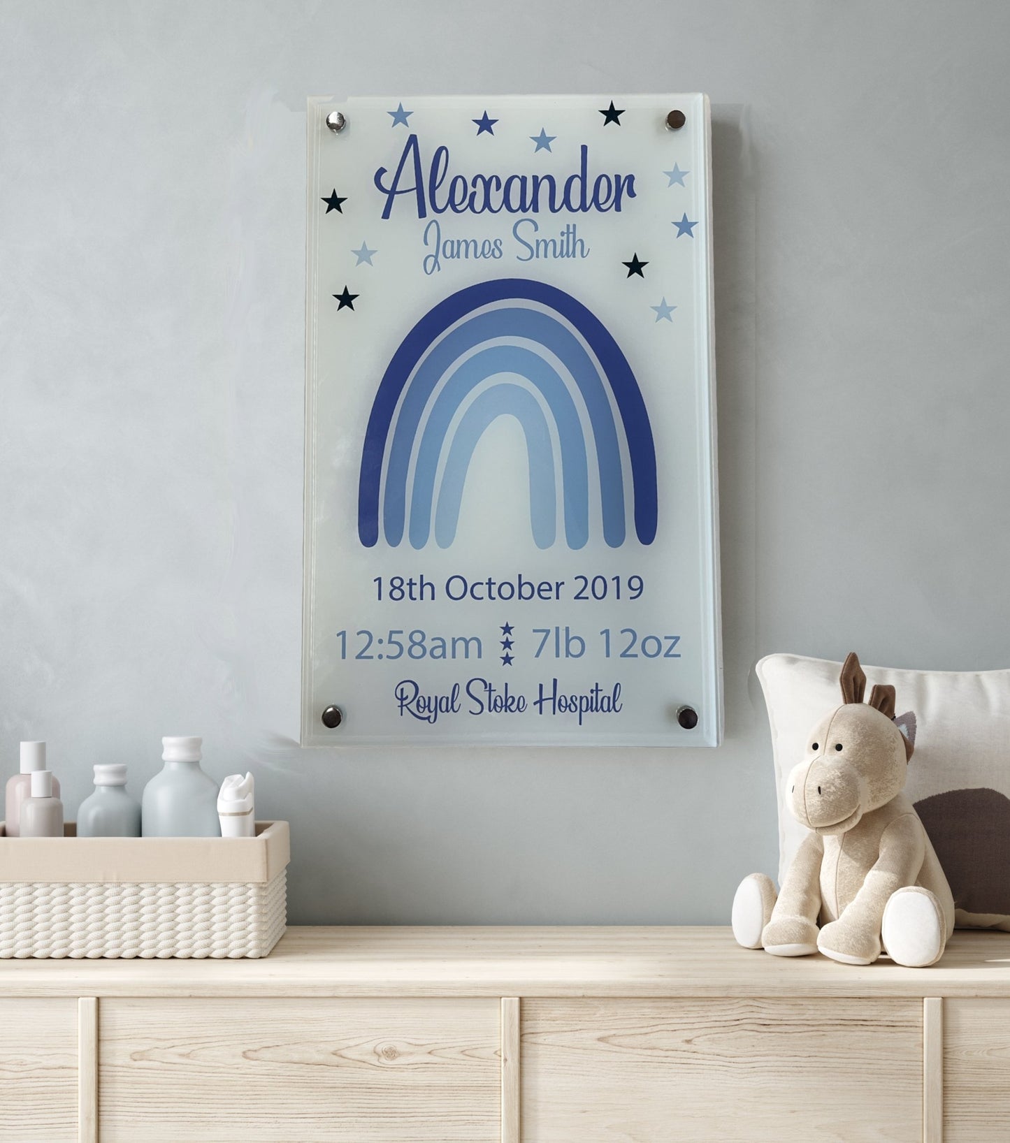 Nursery Birth Block Glass Wall Panel - Blue Rainbow