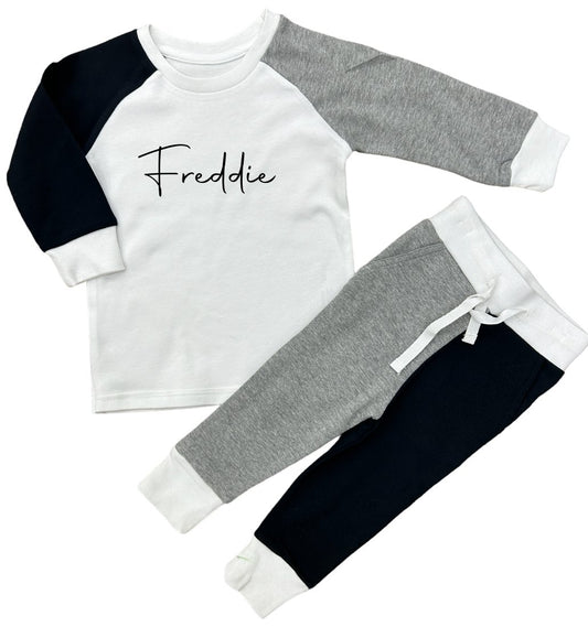 Personalised with name Loungewear Contrast Set in Black/Grey/White