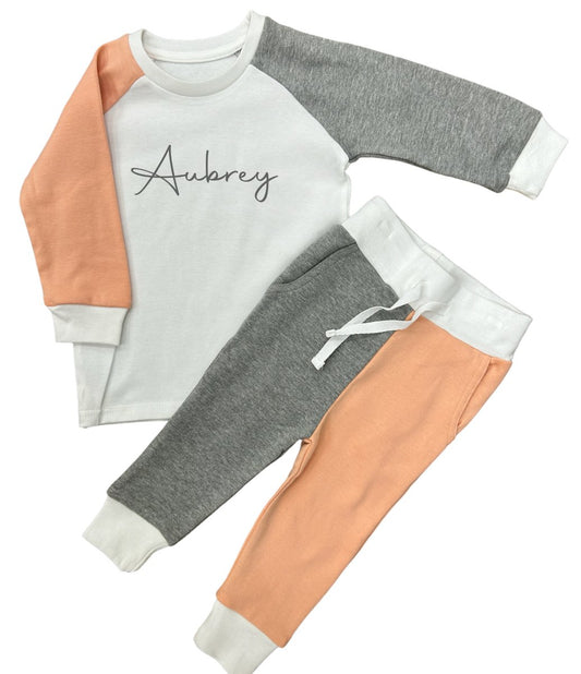 Personalised with name Loungewear Contrast Set in Dusky Pink/Grey/White