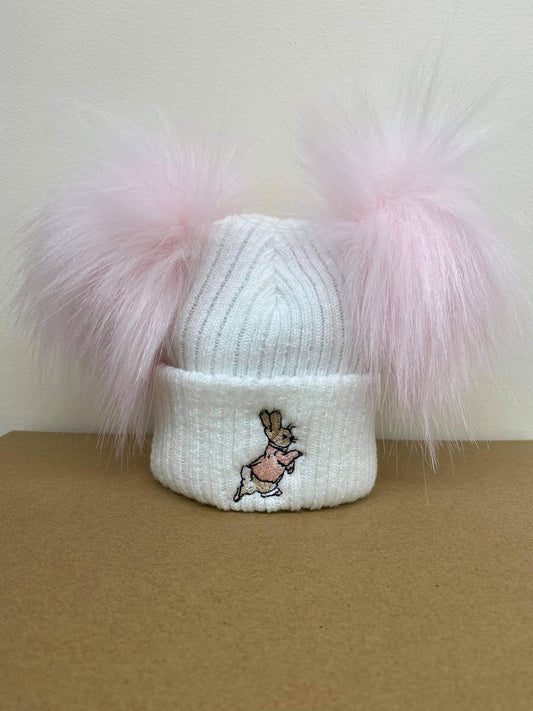 Pink 3+ Month Double Pom hat - Pink Bunny